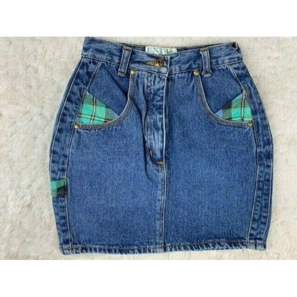 Extra Size 3 Womens Skirt Denim Jean Green Plaid Pockets
